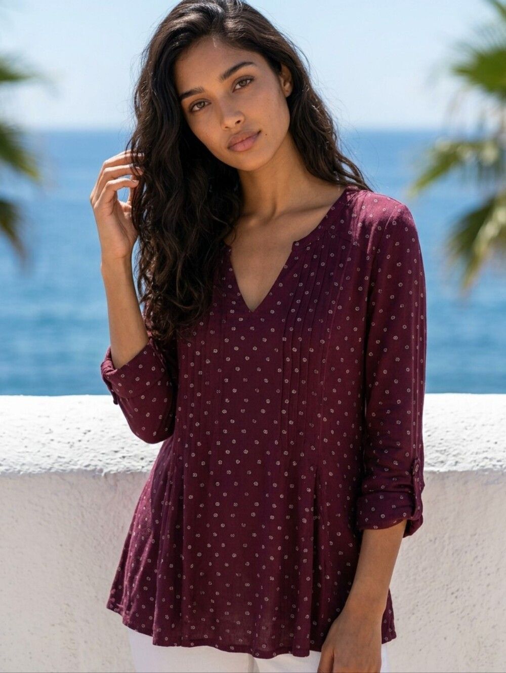 Lucky Brand Floral Waffle Knit Top Medium Burgundy Ruched Sleeve Boho Shirt